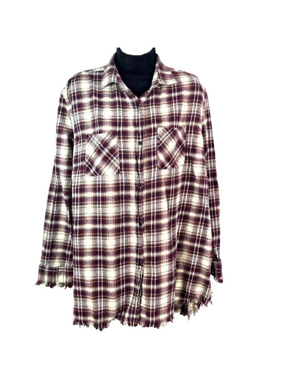 One24 Rags Womens Lg Distressed Plaid Flannel Shirt 100% Cotton Burgundy & Cream